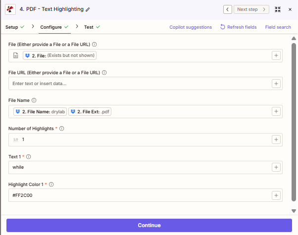 Zapier PDF4me Text Highlighting Configure tab showing File mapped from a prior step, File Name assembled from name and extension tokens, and a TextHighlightList with one item containing Text and HighlightColor fields